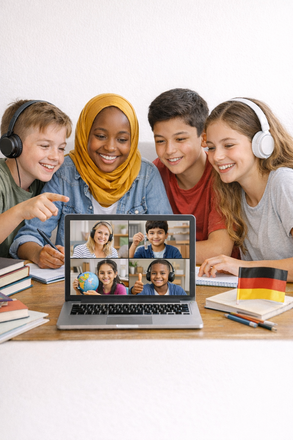 KI-generierte Illustration: Jugendliche lernen gemeinsam am Computer